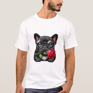 Black Frenchie rote Rose T-Shirt