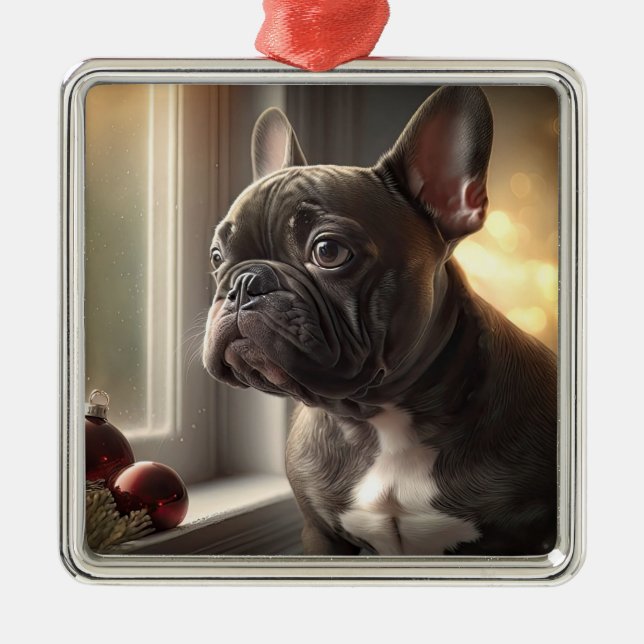 Black Frenchie Weihnachten Ornament Aus Metall (Vorne)