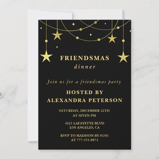 Black Friendsmas Einladungen Gold Stars (Vorderseite)