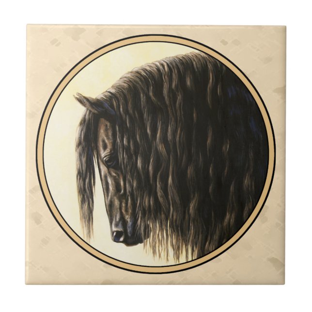 Black Friesian Horse Beige Fliese (Vorderseite)