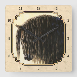 Black Friesian Horse Beige Quadratische Wanduhr