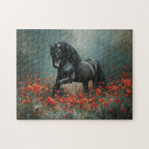 Black Friesian Stallion Red Poppies