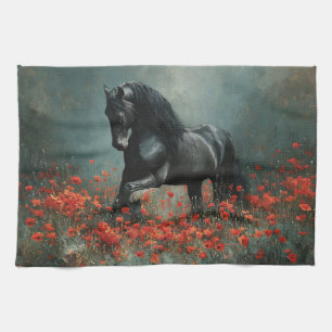 Black Friesian Stallion Red Poppies Geschirrtuch