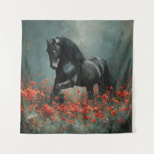 Black Friesian Stallion Red Poppies Wandteppich