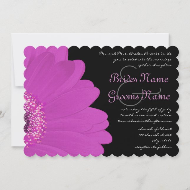 Black & Fuchsia Gerber Daisy Faire-part de mariage (Devant)
