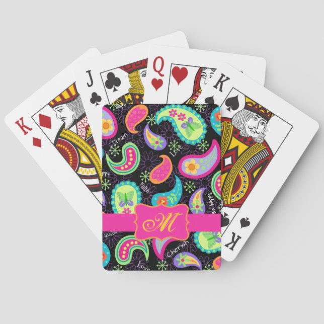 Black Fuchsia Pink Modern Paisley Monogram Spielkarten (Rückseite)