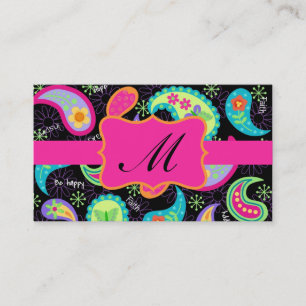 Black Fuchsia Pink Modern Paisley Muster Monogram Visitenkarte