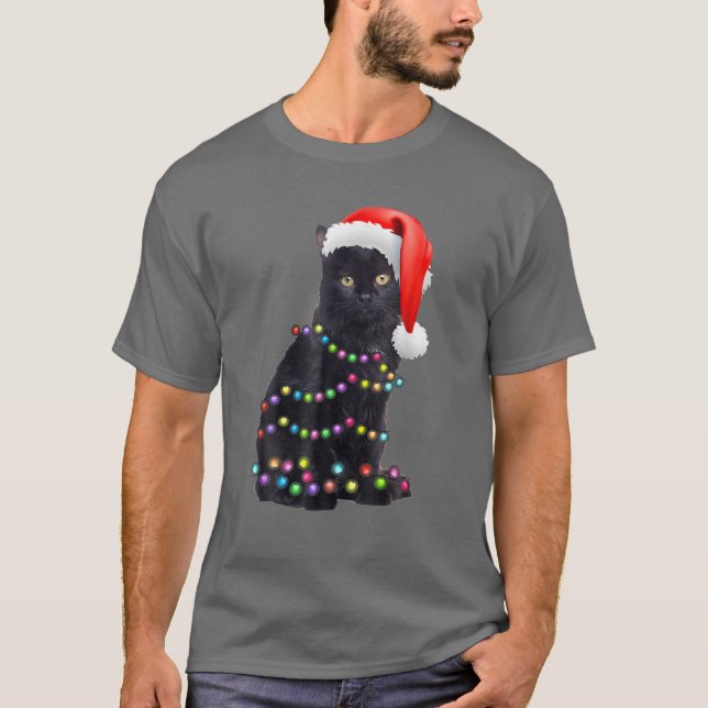 Black Funny Cat Christmas Light Cat Lover Christma T-Shirt (Vorderseite)