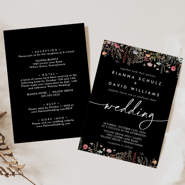Black Galant Wildblume Front & Back Wedding Einladung (Von Creator hochgeladen)