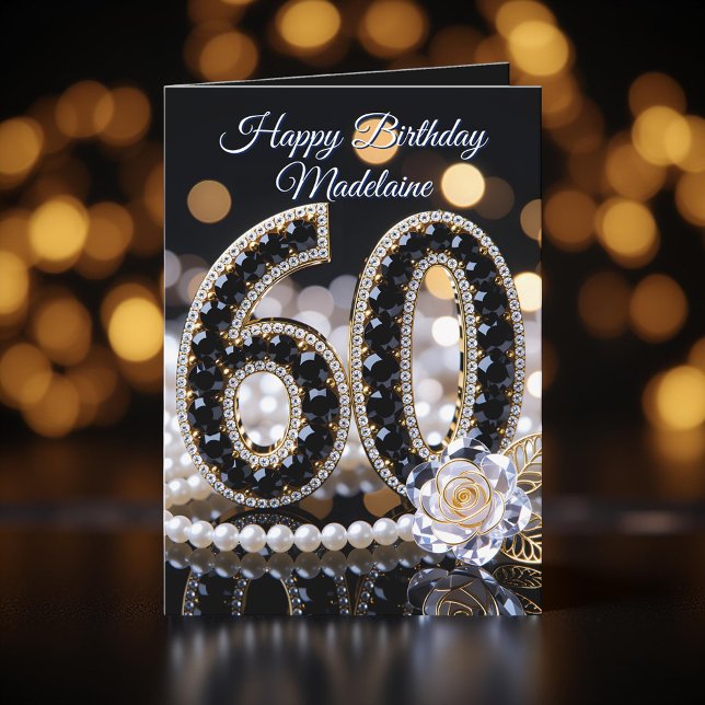 Black Gems White Rose and Pearls 60th Birthday Karte (Von Creator hochgeladen)