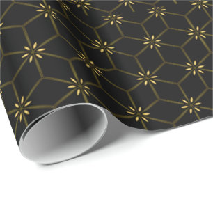 Black Geometry Gold Floral Daisies Wrapping Paper Geschenkpapier