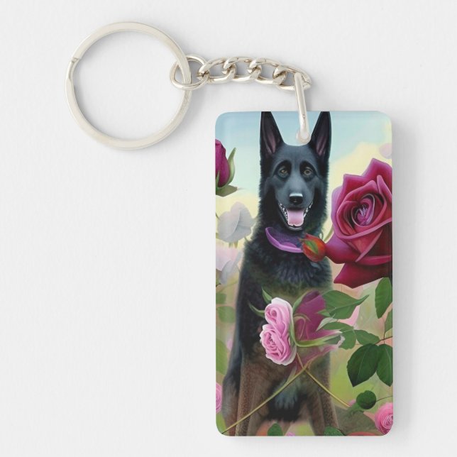 Black German Shepherd in Rose Garden ART Schlüsselanhänger (Vorderseite)