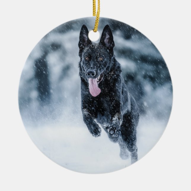 Black German Shepherd in snow Duvet Cover Keramik Ornament (Vorne)