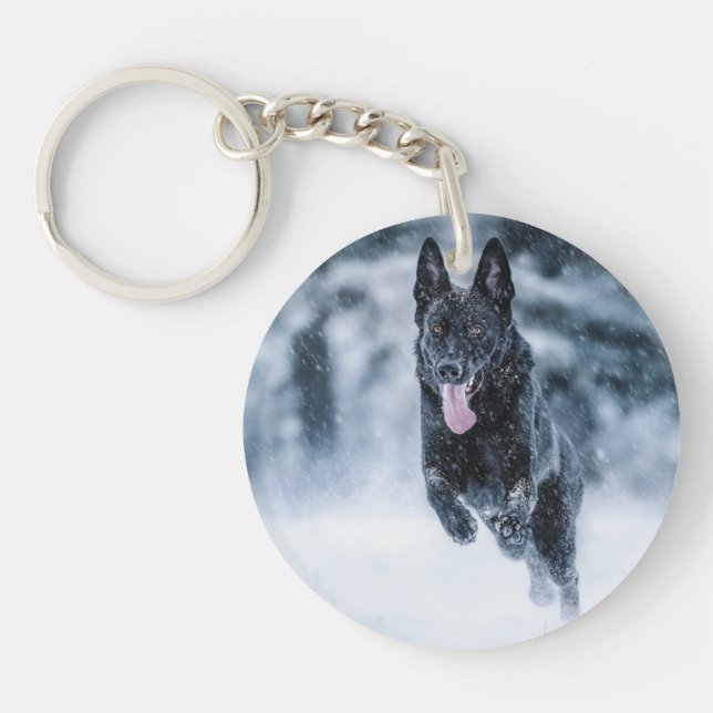 Black German Shepherd in snow Duvet Cover Schlüsselanhänger (Vorderseite)