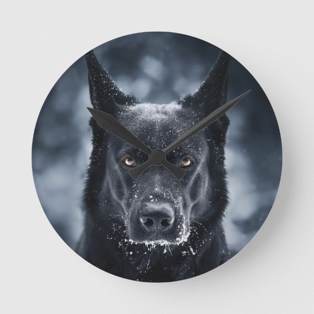 Black German Shepherd Runde Wanduhr (Vorderseite)