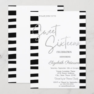 Black gestreifter silberner Schriftzug Sweet 16 Einladung