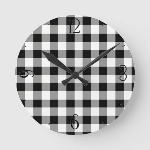 Black Gingham Clock Runde Wanduhr
