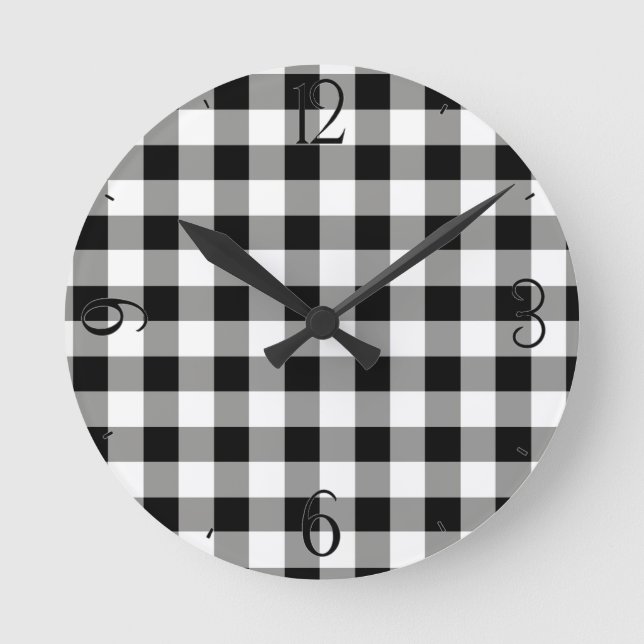 Black Gingham Clock Runde Wanduhr (Vorderseite)