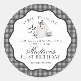 Black Gingham Cute Boo Ghost Birthday Party Favor Runder Aufkleber