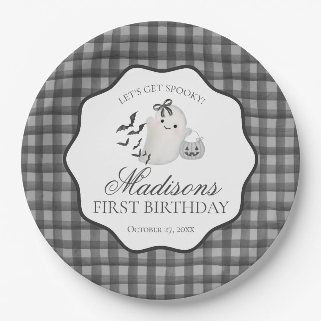 Black Gingham Cute Little Boo Ghost Birthday Party Pappteller (Vorderseite)