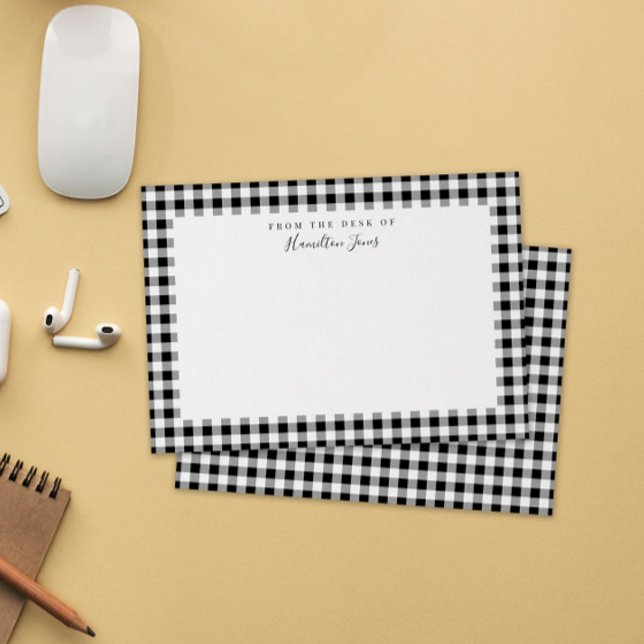 Black Gingham Karo vom Schreibtisch Dankeskarte (black and white gingham check personal stationery note cards with name and "from the desk of")