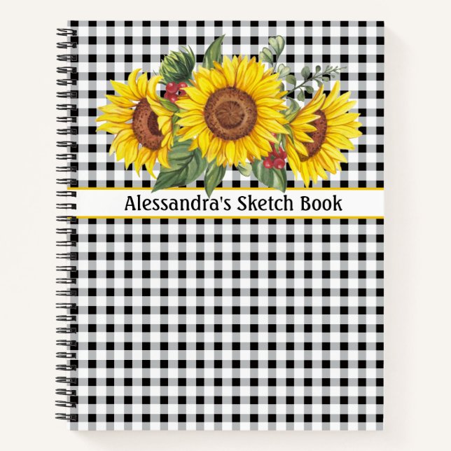 Black Gingham Sunflower CreateYourOwn Phrase Notizbuch (Vorderseite)