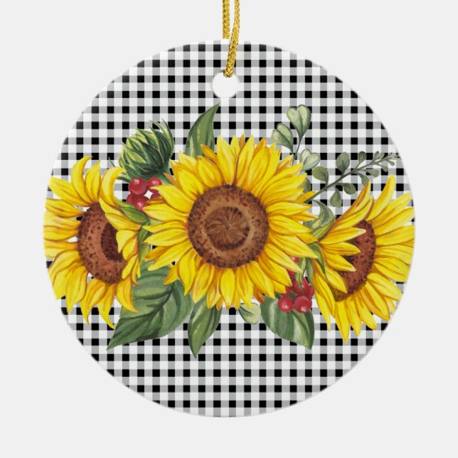 Black Gingham Sunflower Custom Gastgeschenk Keramik Ornament (Vorne)