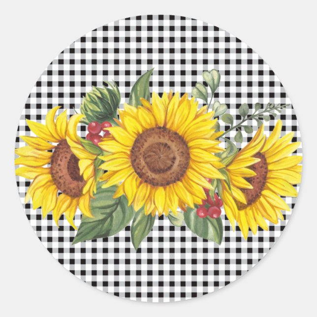 Black Gingham Sunflower Gastgeschenk Runder Aufkleber (Vorderseite)