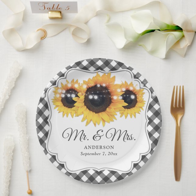Black Gingham Sunflower Mr und Mrs. Wedding Pappteller (Hochzeit)