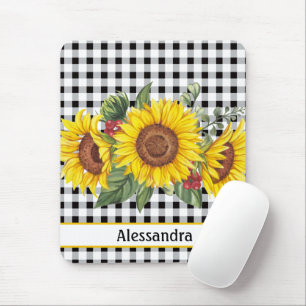 Black Gingham Sunflower Personalisiert Mousepad