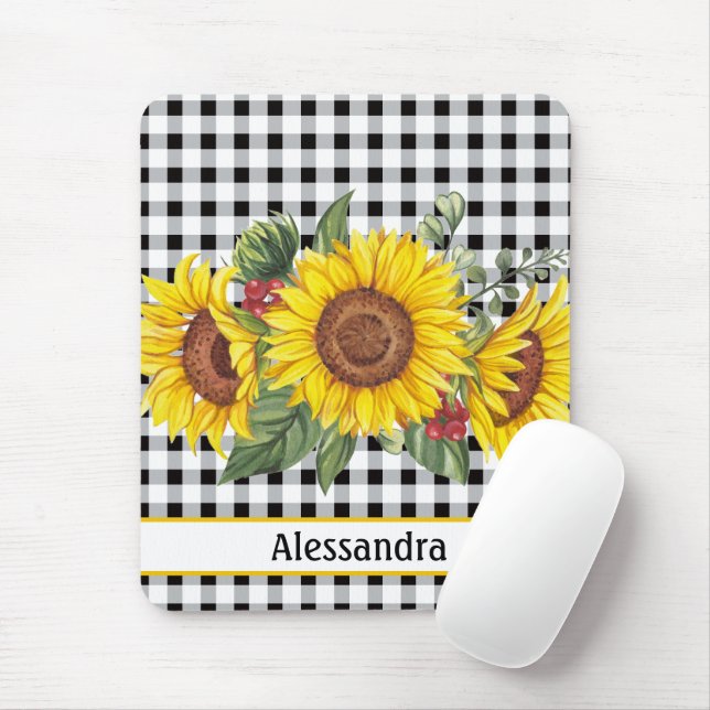 Black Gingham Sunflower Personalisiert Mousepad (Mit Mouse)