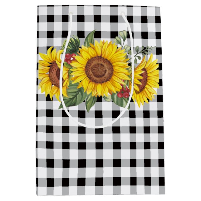 Black Gingham und Sunflowers Blumenbeutel Mittlere Geschenktüte (Vorderseite)