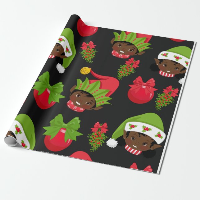Black Girl Elf Weihnachtspapier, Geschenkpapier (Ungerollt)