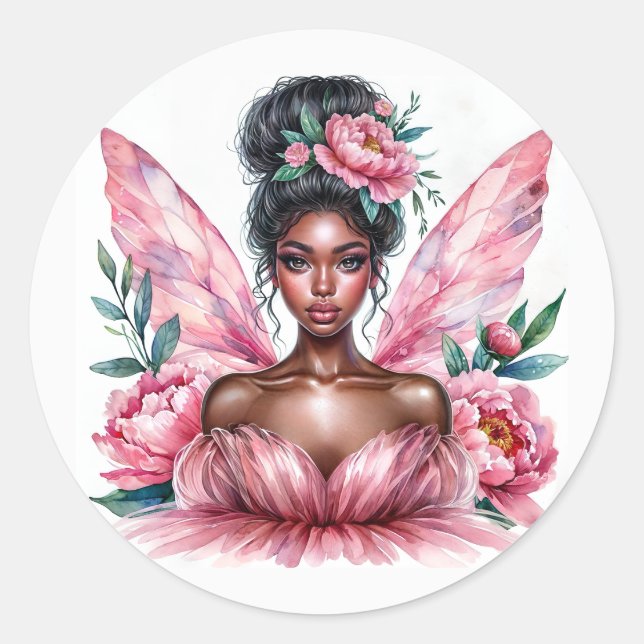 Black Girl Fairy Pink Peonies Wasserfarbe Runder Aufkleber (Vorderseite)