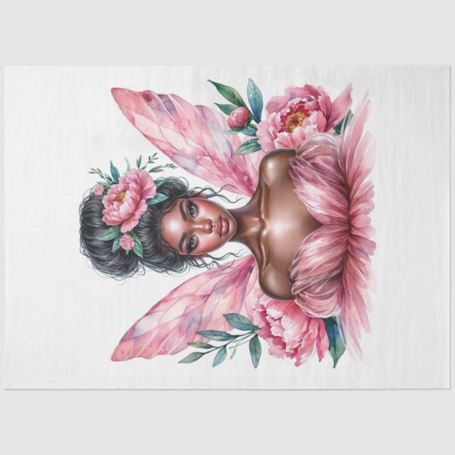 Black Girl Fairy Pink Peonies Wasserfarbe Seidenpapier (Vorderseite)