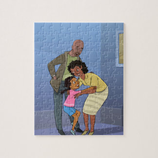 Black Girl mit Mama und Vater Cartoon Jigsaw Puzzl