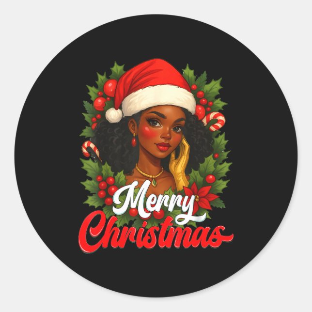 Black Girl Santa Hat Merry Christmas Pajama Africa Runder Aufkleber (Vorderseite)