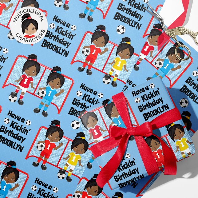 Black Girl Soccer Geburtstag Personalisiert Geschenkpapier (Von Creator hochgeladen)