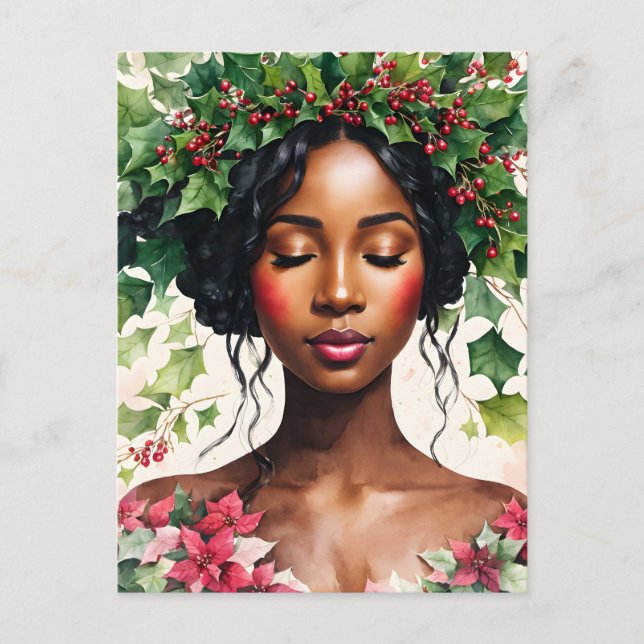 Black Girl Weihnachtskunst mit Holly & Poinsettia Postkarte (Vorderseite)
