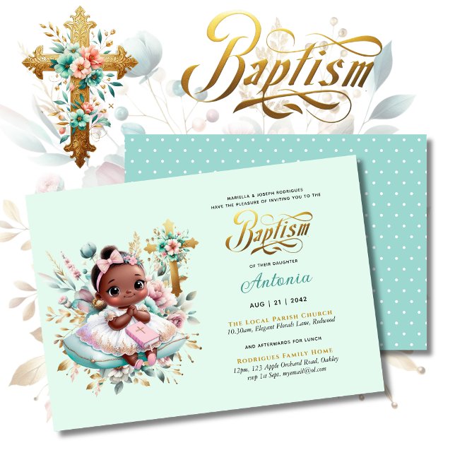 Black Girl's BAPTISM Rosa Gold Floral Cross Einladung (Von Creator hochgeladen)