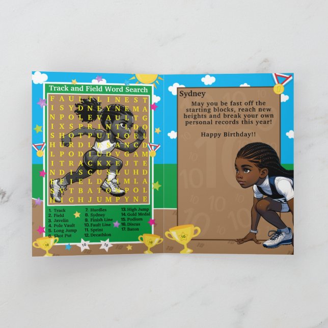 Black Girls Track Star Word Suche Glückwunsch zum  Karte (Innenseite)