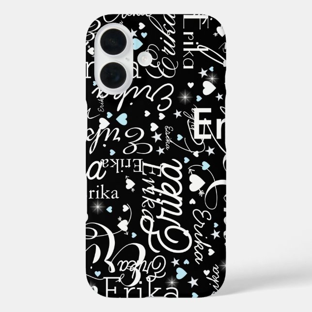 Black Girly Calligraphy Typografy Name Pattern iPhone 16 Hülle (Rückseite)