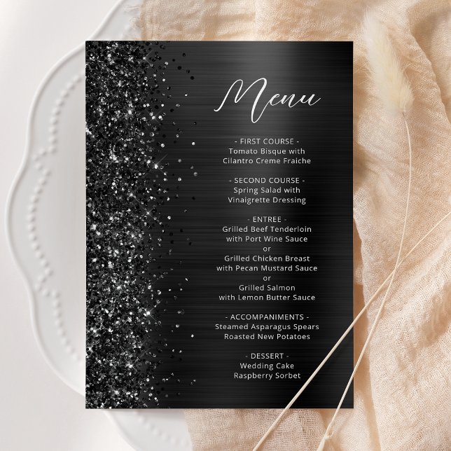 Black Glam Glitter Script Wedding Menükarte (Von Creator hochgeladen)