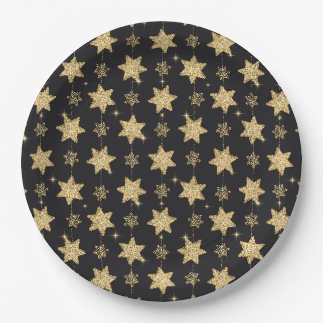 Black Glam Glitzer Stars Pappteller (Vorderseite)