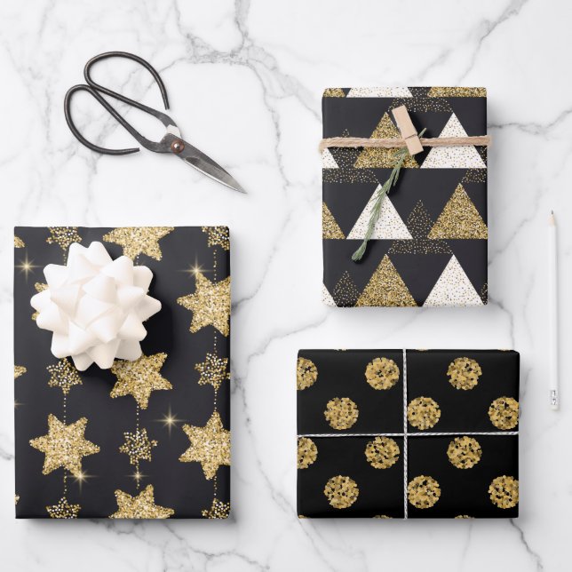 Black Glam Glitzer Trio Geschenkpapier Set (Vorderseite)