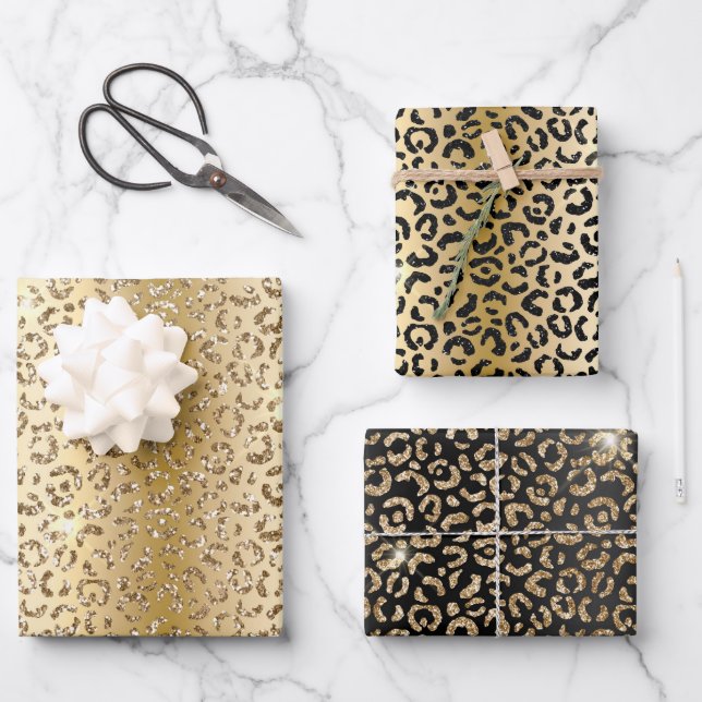 Black Glam Gold Glitzer Leopard Geschenkpapier Set (Vorderseite)