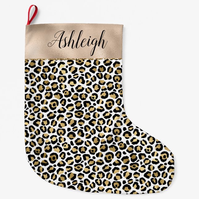 Black Glam Gold Leopard Print Großer Weihnachtsstrumpf (Vorderseite)