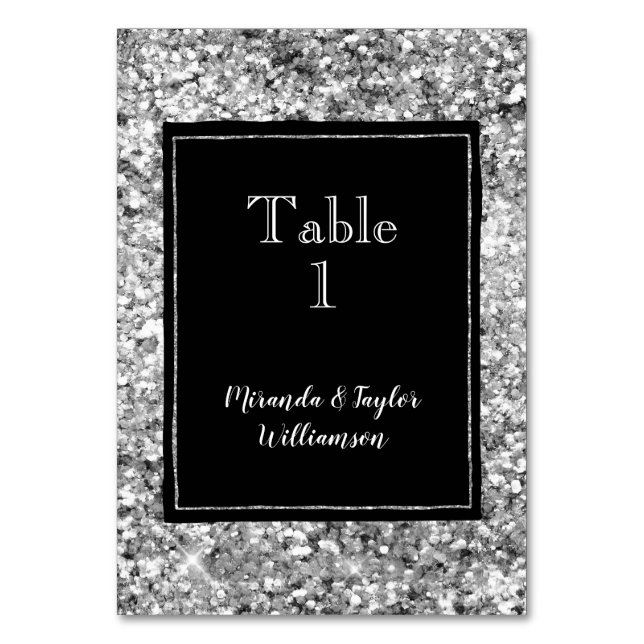 Black Glam Silver Glitzer Tischnummer (Vorderseite)