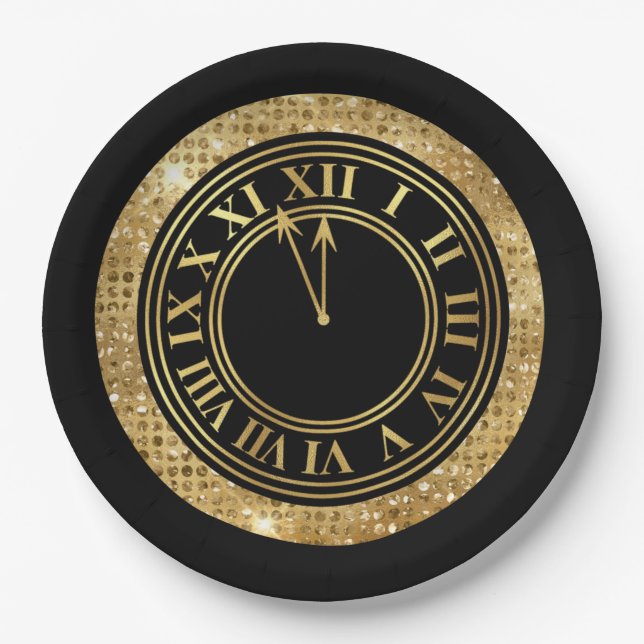 Black Glamour Gold Diamonds Neujahr Uhr Pappteller (Vorderseite)
