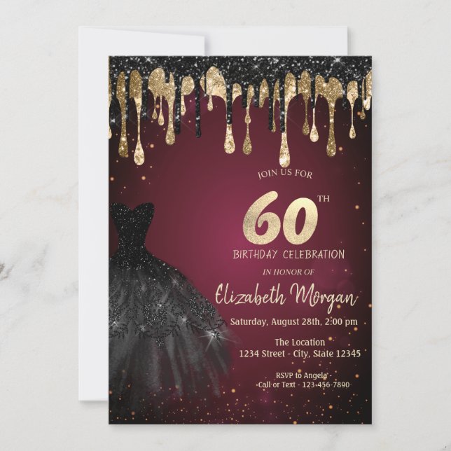 Black Glitter Drips Black Dress Dark Red 60th  Einladung (Vorderseite)